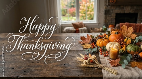 Festive thanksgiving day table setting with autumnal decorations and cozy background