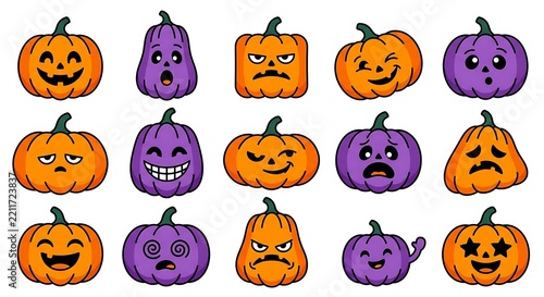 Collection of various jack o lantern pumpkins with different facial expressions in orange and purple.
