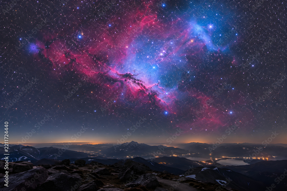 Fototapeta premium A spectacular night view from a rocky mountain peak, featuring a vibrant pink and blue nebula glowing brightly in a star-studded sky over a distant city valley.