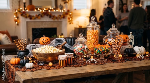 Halloween party table decorated with festive treats, candy, and spooky decor, with blurred people in the background
