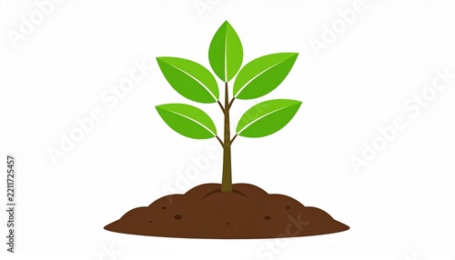 A stylized green seedling grows from a small mound of brown soil against a white.
