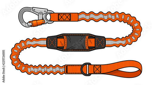 illustration of industrial fall arrest safety lanyard with shock absorber and carabiner on white background