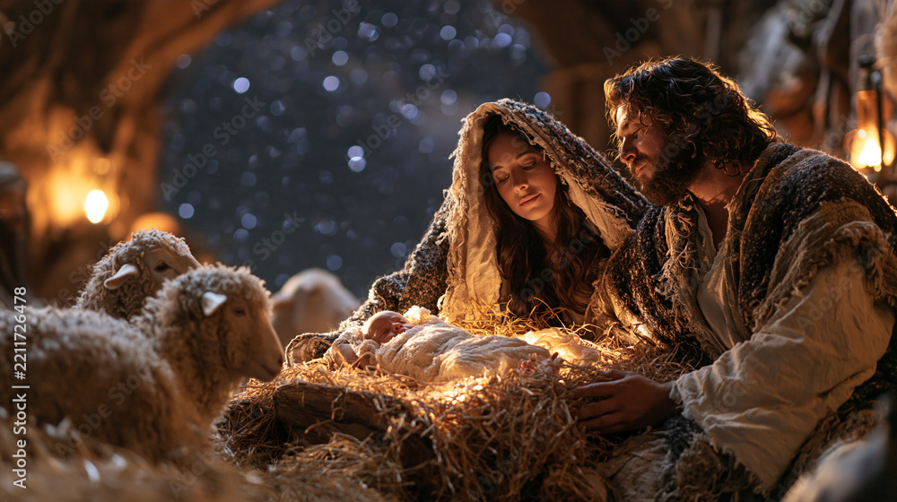 Obraz premium Reverent Nativity scene in ancient Bethlehem with Mary, Joseph and newborn Jesus Christ gathered around a wooden manger, soft straw beneath the baby, gentle sheep positioned peacefully beside the Ho