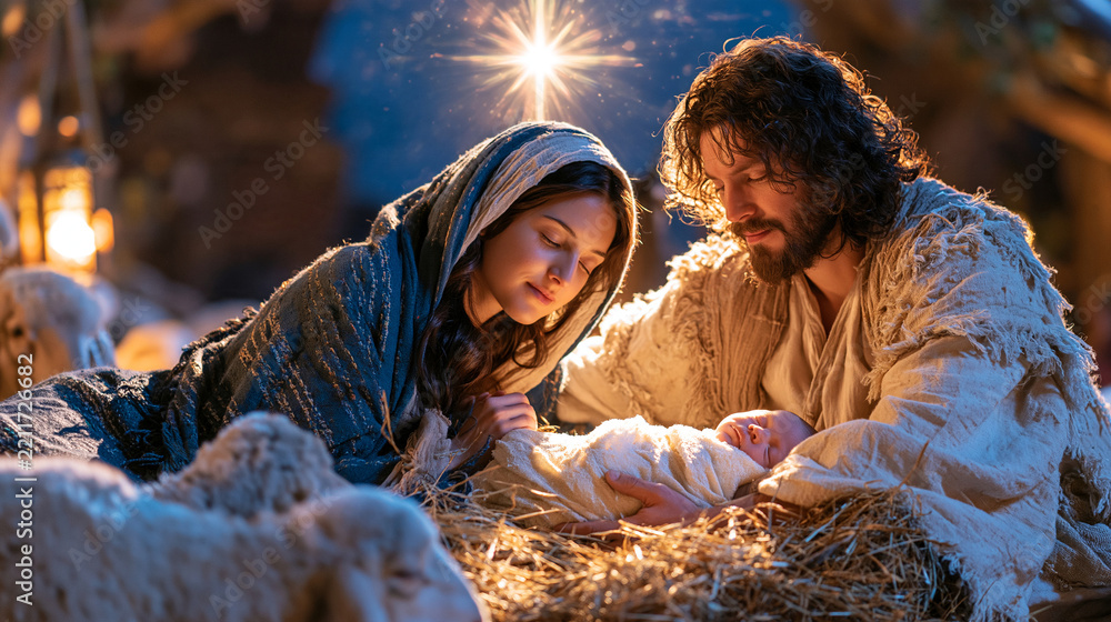 Obraz premium Serene Holy Night scene with the Holy Family surrounding newborn Jesus Christ in a rustic manger, Mary and Joseph dressed in historically inspired biblical garments, peaceful sheep resting nearby, r