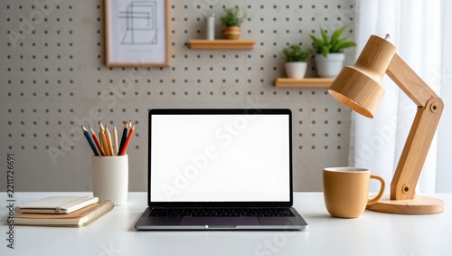 Modern home office workspace with laptop and wooden desk lamp on white table