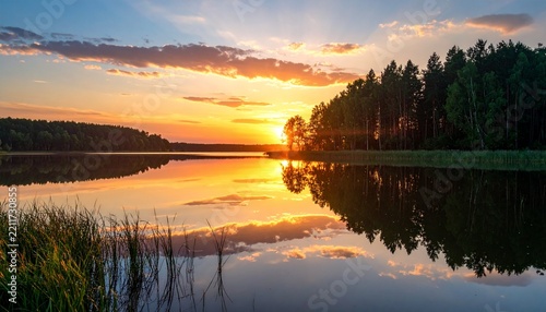 Golden sunlight reflects on a calm lake at sunset.