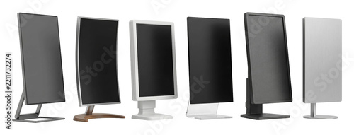 Six diverse vertical digital display screens showcase various modern designs and materials, including sleek metal, warm wood, and clear acrylic stands, presented in a studio setting with soft