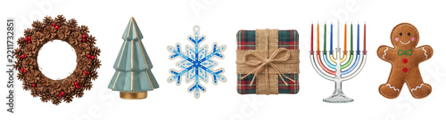 Festive set of winter holiday decorations featuring a pinecone wreath, a ceramic tree, a snowflake ornament, a plaid gift, a Hanukkah menorah, and a felt gingerbread man
