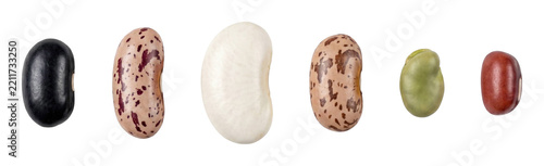 Diverse collection of six different beans including black, pinto, white, fava, and red kidney beans arranged in a horizontal row showcasing their unique colors and textures