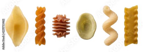 Obraz  z motywem Six different types of colorful uncooked pasta in a diverse assortment showing various shapes like spirals and shells, highlighting the texture and detail of the dry ingredients