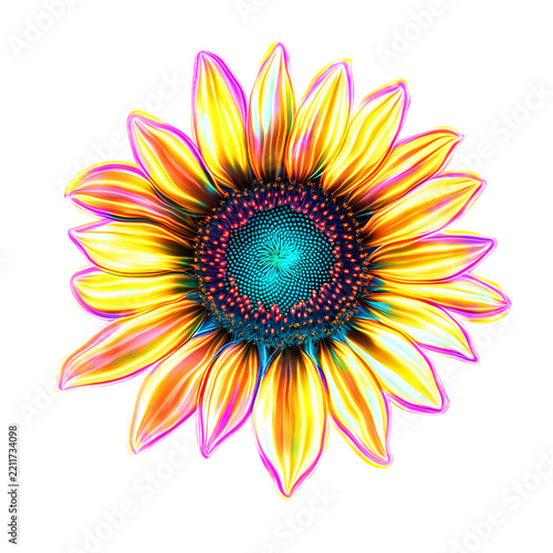 Neon glowing sunflower isolated on a white background.