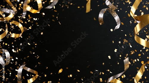 Gold and silver confetti with curled metallic streamers scattered across a black background, creating a festive abstract border with central negative space composition