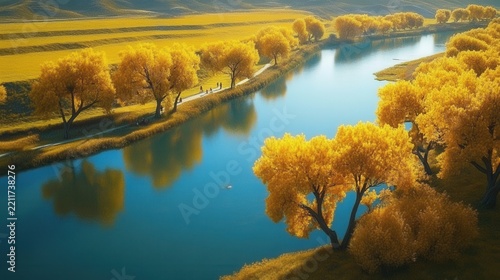Autumn landscape with a river and yellow trees