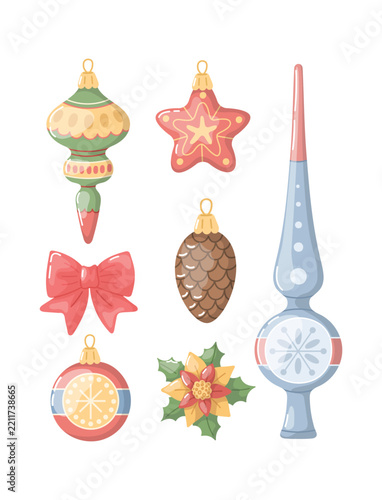 Christmas tree decorations. Set of vintage-style toys.Hand drawn Christmas winter toys.