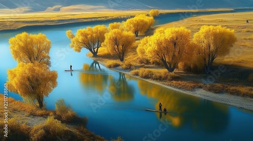 Autumn landscape with a river and people on paddleboards