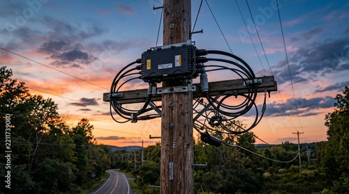 Fiber optic network box on utility pole, sunset sky, rural road.