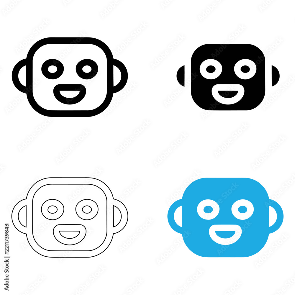 Obraz premium Robot face icon set in four different styles black and blue