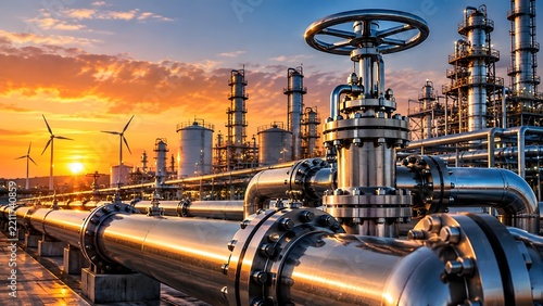Golden hour sunlight reflecting on heavy metallic pipelines at a modern oil refinery with wind turbines generating renewable energy