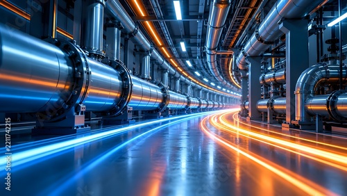 High tech industrial hallway with massive steel pipelines and glowing orange and blue dynamic light trails depicting fast energy flow