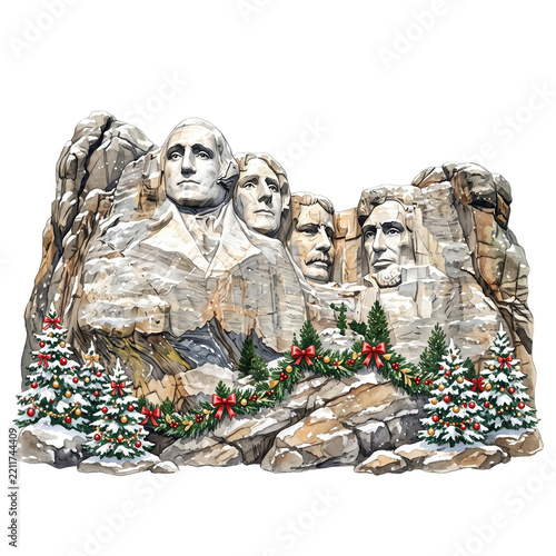 Mount Rushmore decorated for Christmas in South Dakota showing four