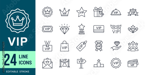 VIP line icons, premium membership, luxury service and exclusive access symbols, editable stroke