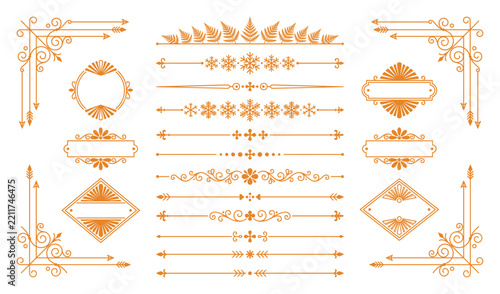 Vintage orange line borders with elegant flourish accents and winter snowflake dividers