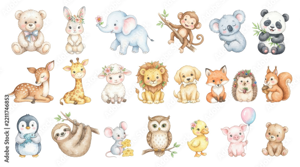 Fototapeta premium Cute watercolor animal clipart set featuring various forest and jungle creatures for nursery decor