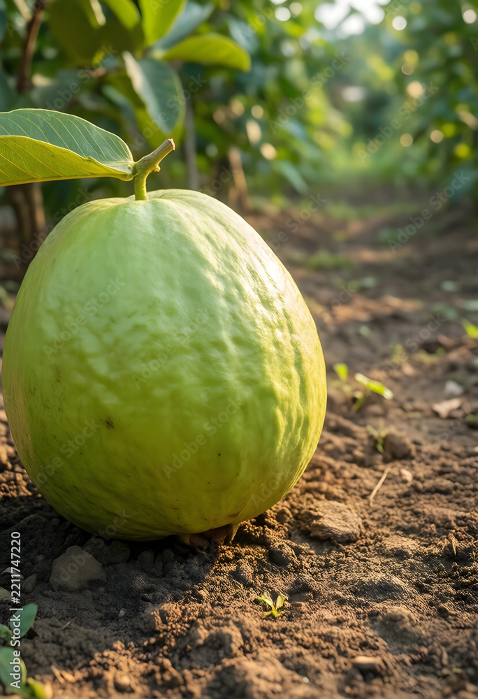 Fototapeta premium Organic guava fruit harvest, sustainable agriculture and healthy food production, fresh tropical produce growing in a sunny orchard soil environment