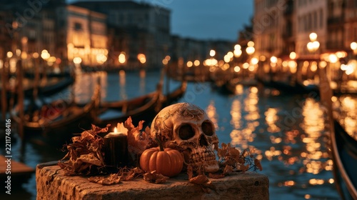 Decorated pumpkin next to a lamp, with a backdrop of Vienna at night. Halloween concept.