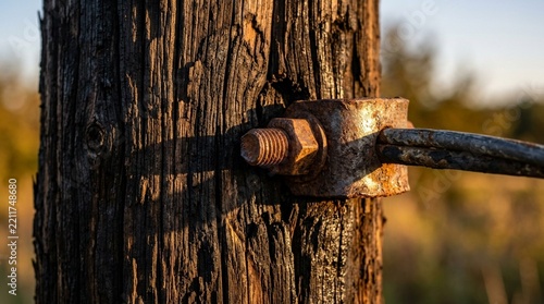 Close-up of weathered wooden post with rusty bolt and wire connection