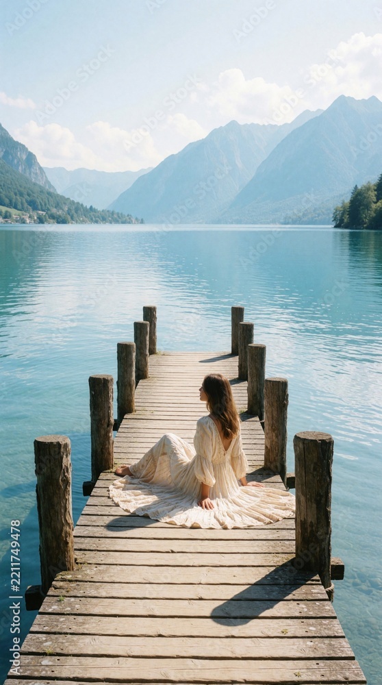 Fototapeta premium Young woman in white flowing dress sits on wooden pier. Looks at calm blue lake, high mountains. Peaceful summer landscape with clear sky. Lone female enjoys nature, relaxation, solitude, quiet
