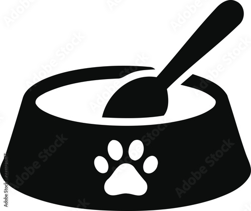 Simple black and white icon of a pet food bowl with a paw print design