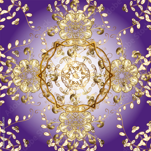 Luxury purple and gold vector seamless background with sparkling floral ornaments, jeweled details and elegant baroque motifs. Glamorous repeating pattern for textile, wallpaper and premium design.