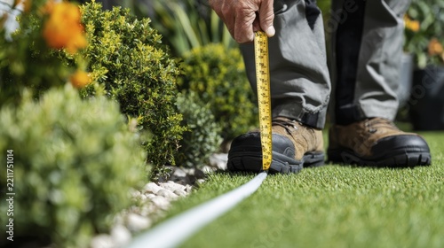 Gardener measuring lawn edges with tape for precise landscaping
