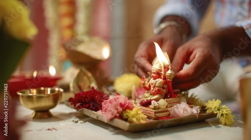 Lighting a traditional diya during indian religious ritual with floral decorations