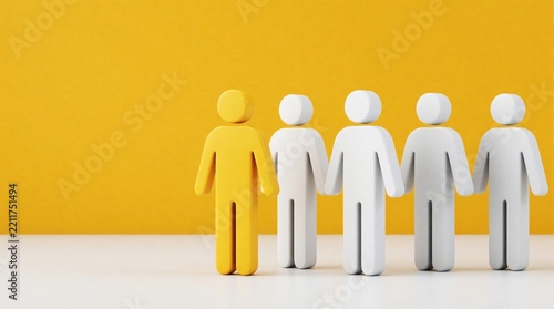 One yellow human figure stands apart from group of white people. Concept of leadership, individuality, uniqueness in crowd. Symbol for standout person, talent, special character. Minimalist 3d