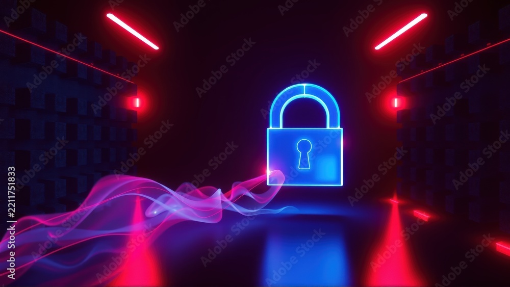 Fototapeta premium Neon lock glows within dark tunnel. Red, blue light creates futuristic, abstract scene. Smoke adds dramatic effect.