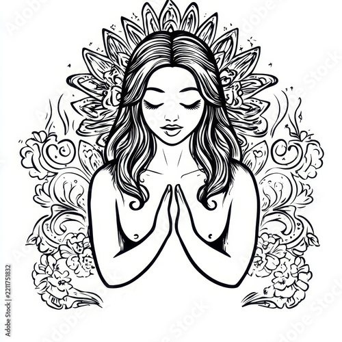 Peaceful meditative woman with floral and mandala patterns in black and white line art