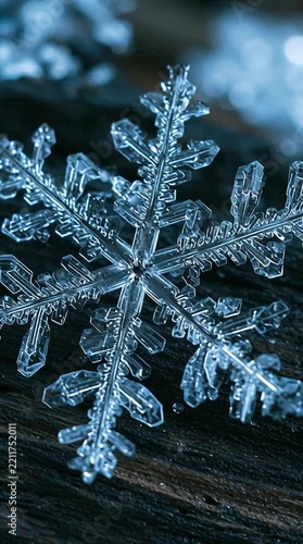 Cinematic Slow Camera Push In on a Static Perfectly Formed Ice Snowflake on Dark Wood