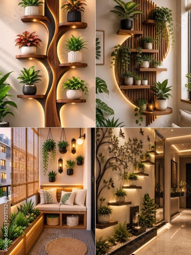 Modern wooden plant wall shelves illuminated with warm integrated led lighting.