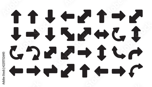 Black arrow icon set on transparent background for interface navigation and direction signs.