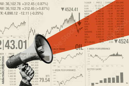 Retro financial collage of megaphone with stock market chart and oil data