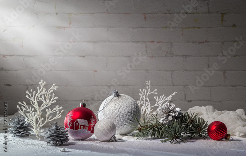 Christmas card with Christmas decorations and transparent balls. With space for text