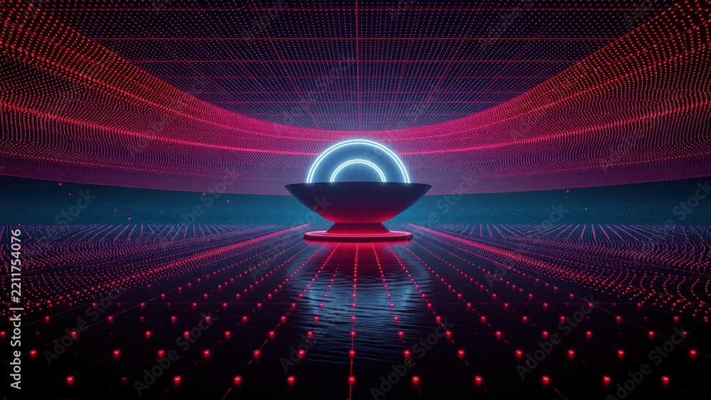 Fototapeta premium Futuristic scene. Glowing arch over reflective surface. Red particles create tunnel effect. Dark background emphasizes vibrant colors.