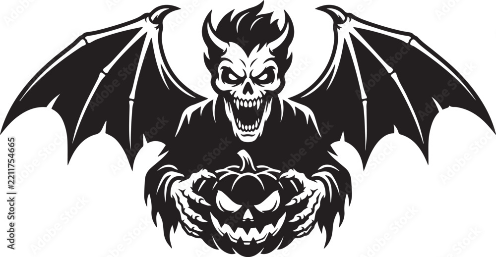 Fototapeta premium Demon holding jack o lantern halloween line art design