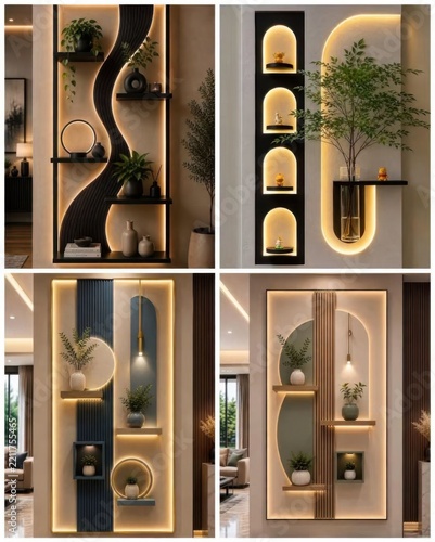 Innovative wall display units with integrated lighting and black wood finishes.