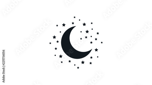 Crescent moon with dense cluster of tiny stars.