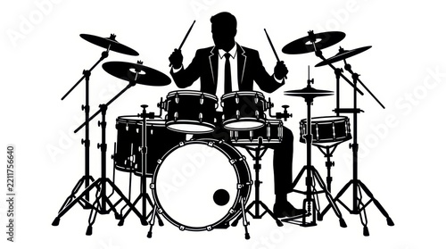 Silhouette of a Professional Drummer in a Suit Playing a Full Drum Kit Isolated on White Background