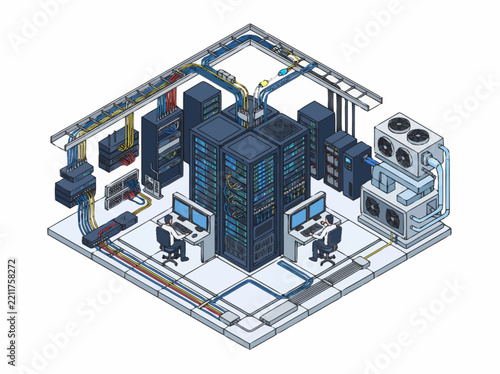 Cloud storage facility illustrated in an isometric view with central server stacks surrounded by dual operator desks and large external cooling units.