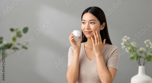 Young Asian Woman Applying Face Cream Moisturizer for Healthy Skin Care
